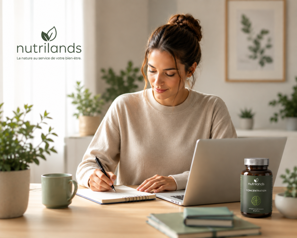 Femme concentrée travaillant sur ordinateur et prenant des notes dans un intérieur lumineux et naturel