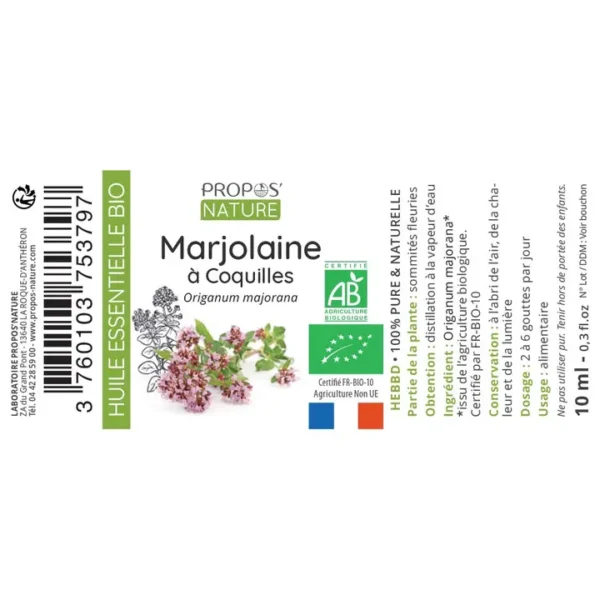 Flacon de 10 ml d’huile essentielle de marjolaine à coquilles bio, 100 % pure et naturelle