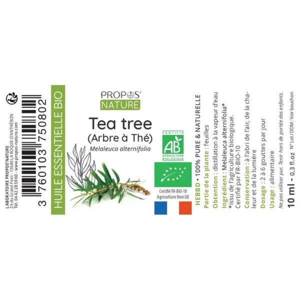 Flacon de 10 ml d’huile essentielle de Tea Tree bio, 100 % pure et naturelle, certifiée biologique, idéale pour les soins cutanés et l’hygiène naturelle.