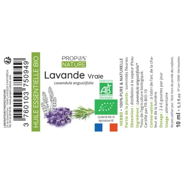 Huile essentielle de lavande vraie bio – flacon 10 ml, 100 % pure et naturelle