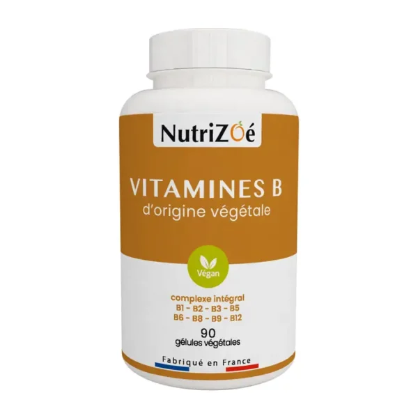 Flacon de 90 gélules de vitamines B complexe, complément nutritionnel contribuant au métabolisme énergétique normal et à la réduction de la fatigue.