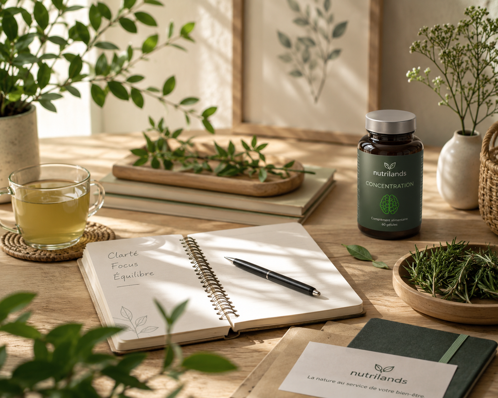 Composition naturelle avec carnet, plantes et complément alimentaire pour la concentration Nutrilands